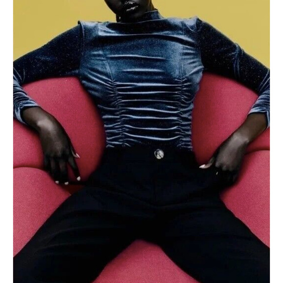 ZARA Navy Blue Ruched Velvet Glitter Mock Neck Long-sleeve Bodysuit - Picture 1 of 9